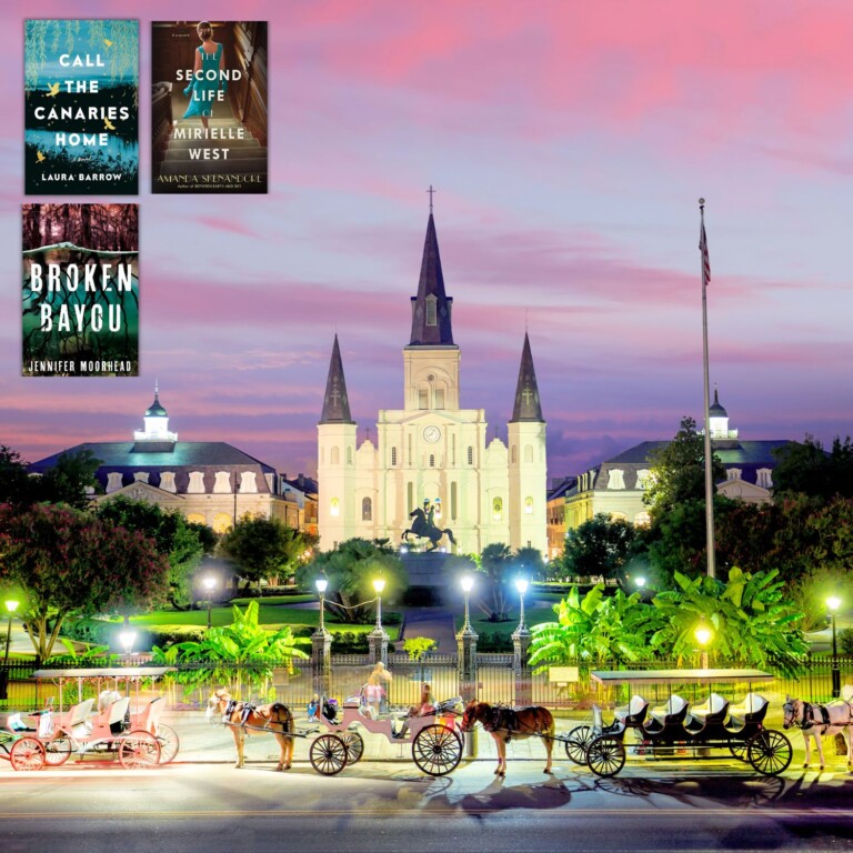 Dusk photo of Jackson Square New Orleans with 3 book covers