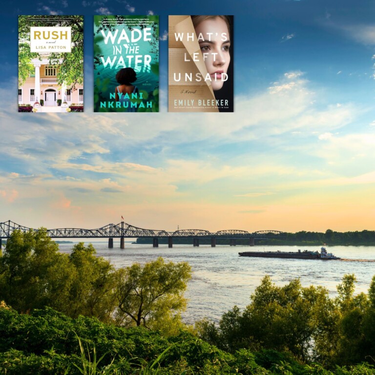 Mississippi River town with 3 book covers overlaid