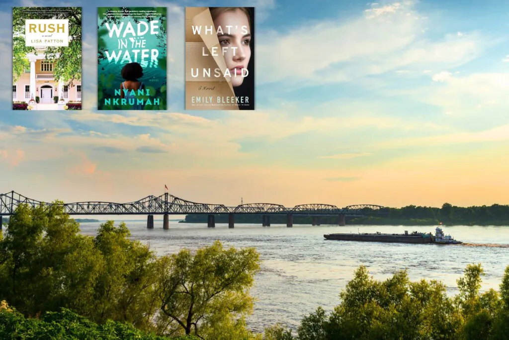 Mississippi River town with 3 book covers overlaid