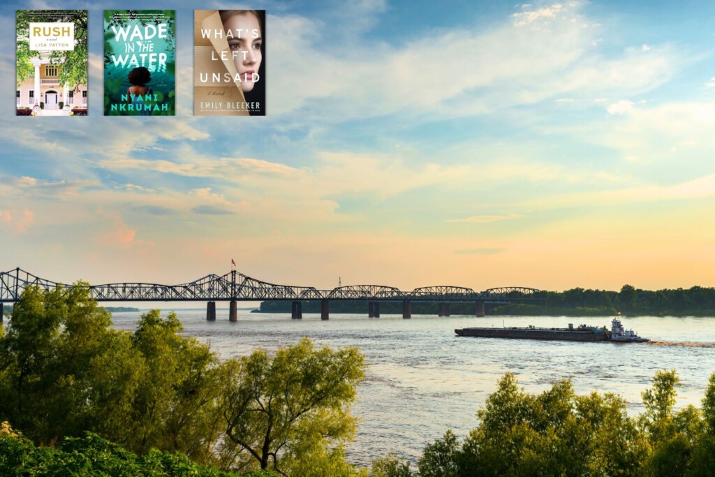 Mississippi River town with 3 book covers overlaid