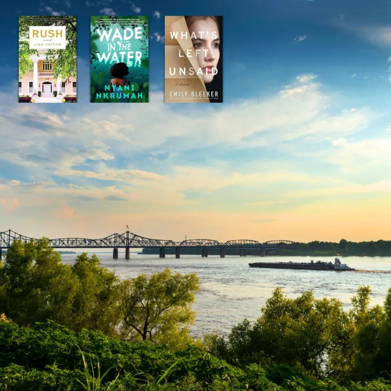 Mississippi River town with 3 book covers overlaid