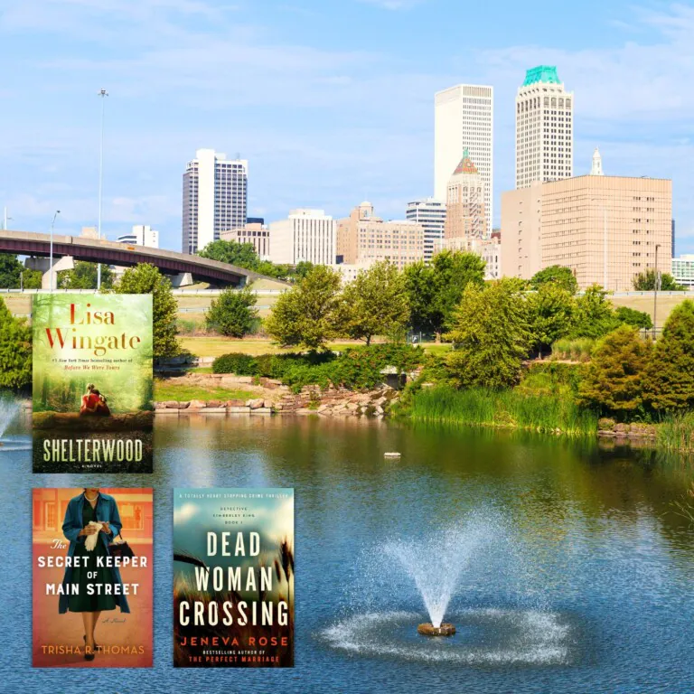 Downtown tulsa view with book covers overlaid
