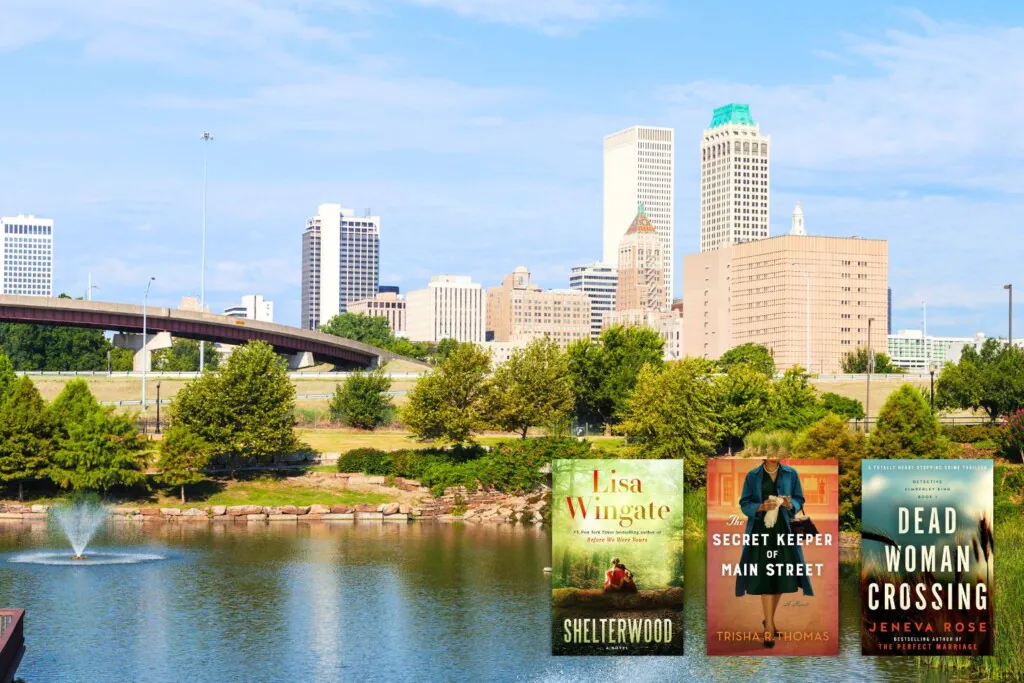 Downtown tulsa view with book covers overlaid