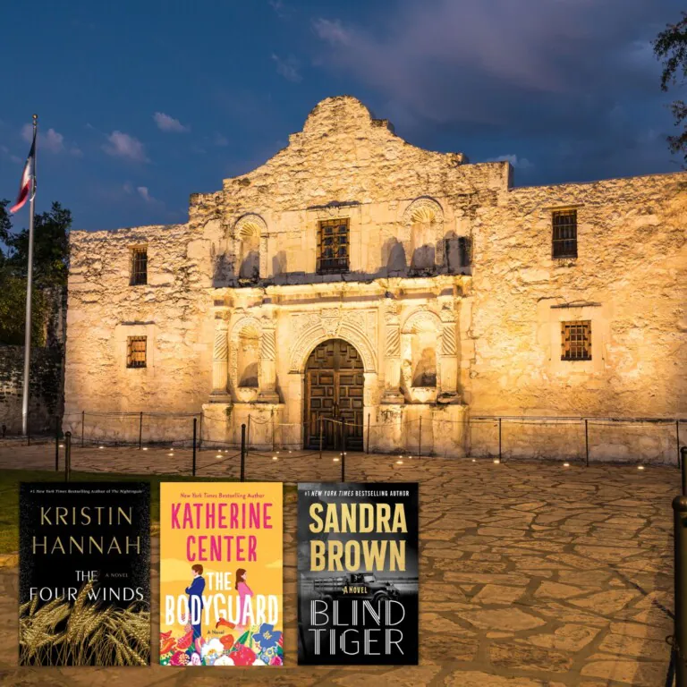 Photo of the Alamo at dusk overlaid with covers of three books set in Texas