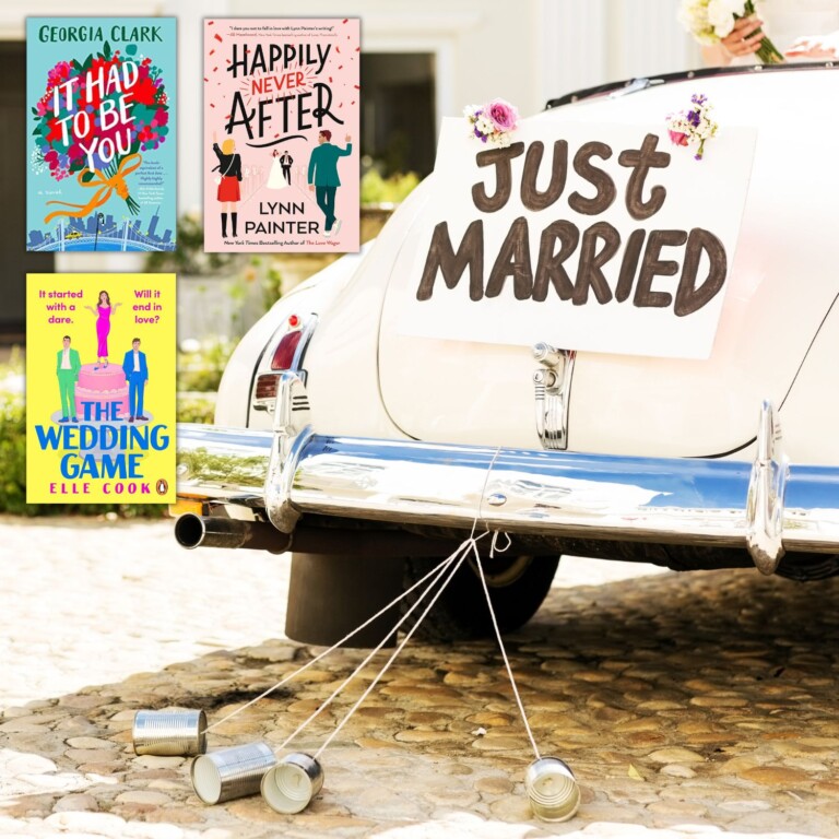 Photo of a vintage white car with a Just Married sign and cans tied to the back overlaid with three book covers of wedding themed rom coms