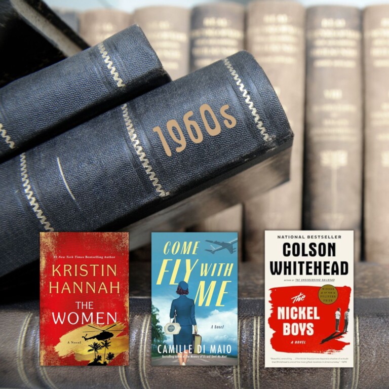 Stack of old books in the background with three historical fiction book covers in the front