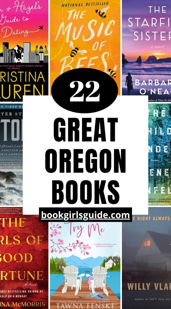 8 book covers around the edges of the image with text in the middle that reads 22 Great Oregon Books