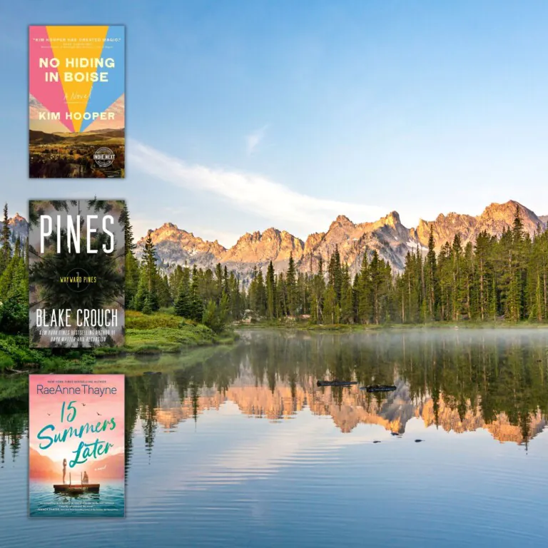 Idaho lake with overlaid book covers