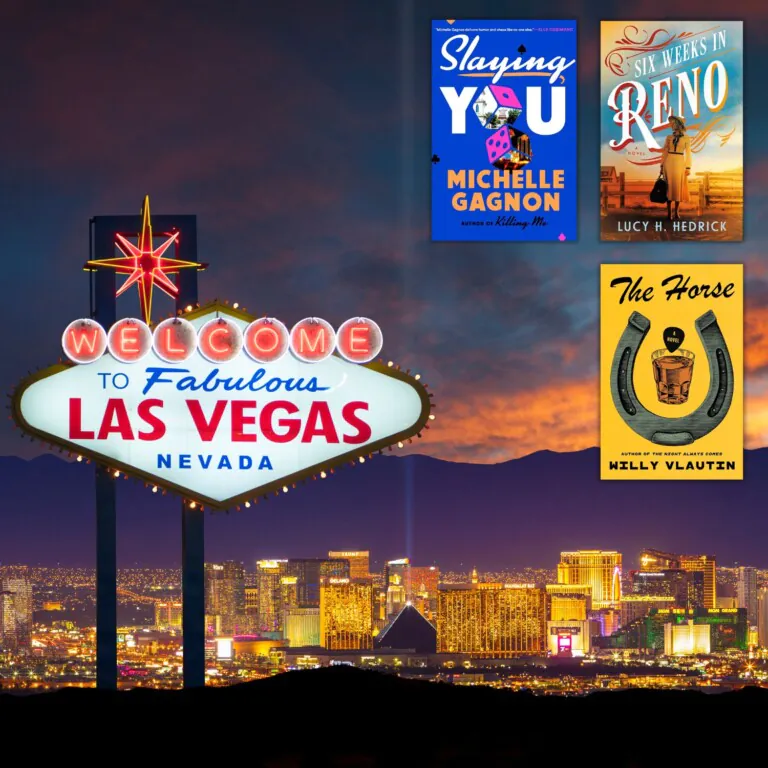 Photo of the Las Vegas strip at night with the covers of three books set in Nevada in the top right corner