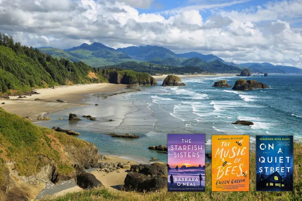 Photo of Cannon Beach overlaid with covers of three books set in Oregon
