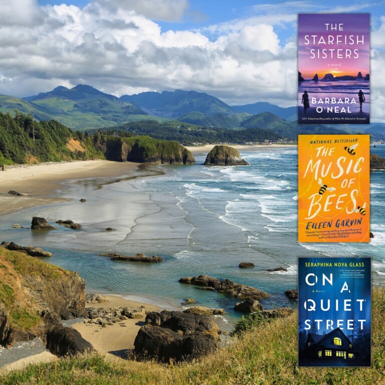 Photo of Cannon Beach overlaid with covers of three books set in Oregon