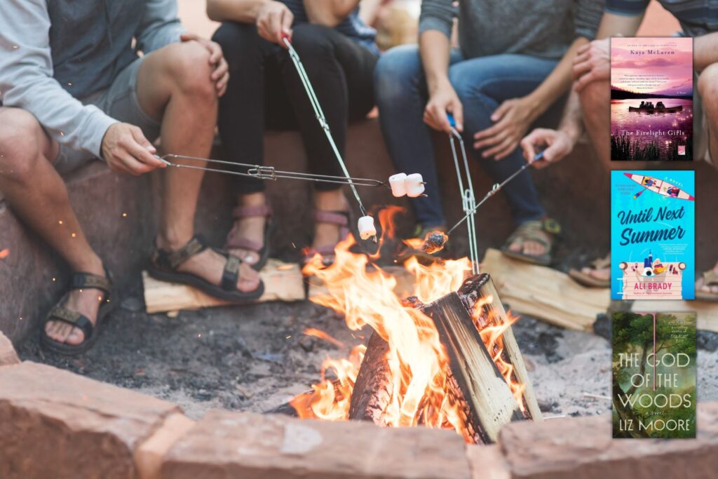 Close up photo of marshmallows being roasted over a camp fire overlaid with three covers of books about summer camp on the right side