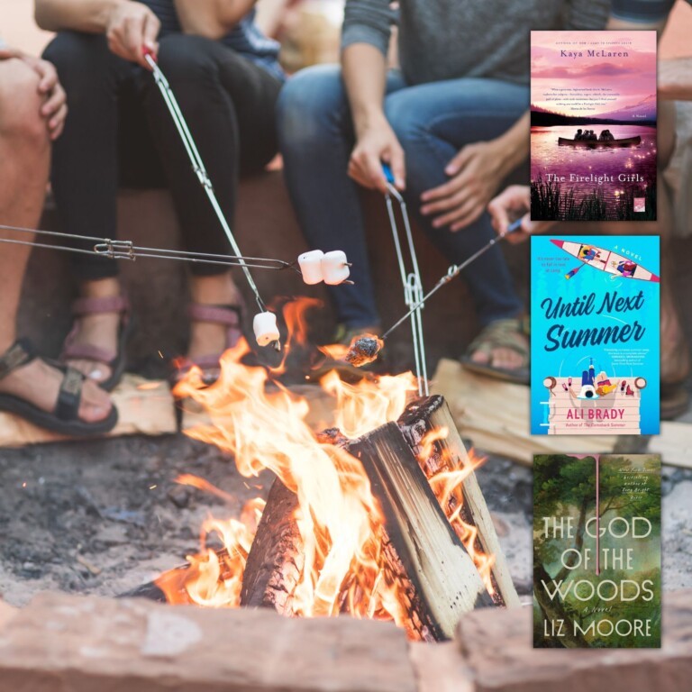 Close up photo of marshmallows being roasted over a camp fire overlaid with three covers of books about summer camp on the right side