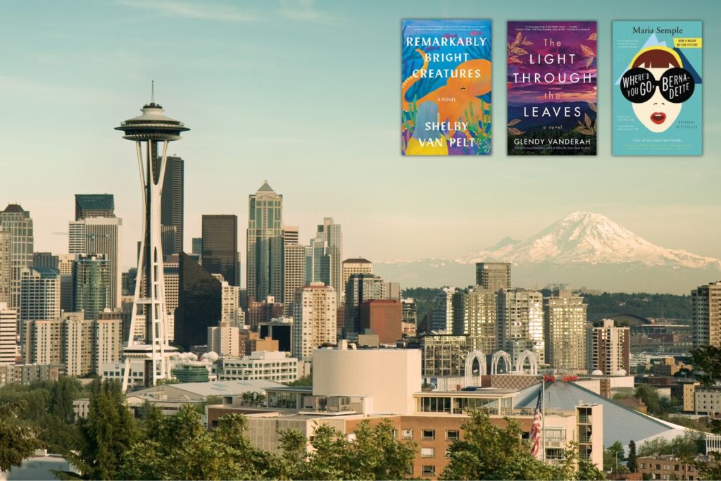 Photo of Seattle skyline with Mt. Rainier in the background overlaid with the covers of three books set in Washington