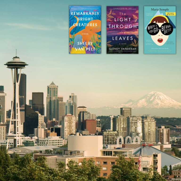 Photo of Seattle skyline with Mt. Rainier in the background overlaid with the covers of three books set in Washington