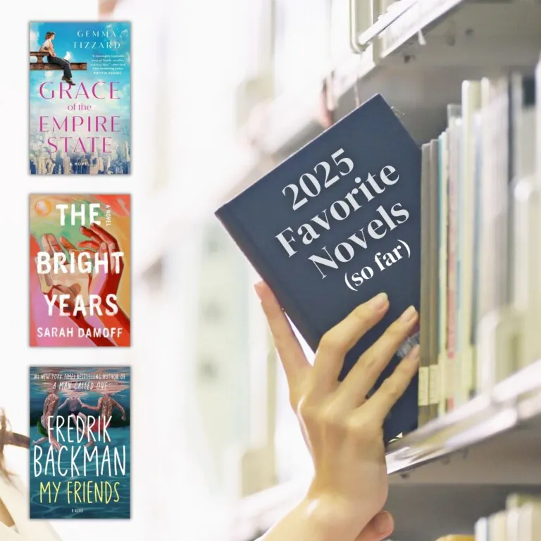 hand pulling book titled "2025 Favorite Novels" from shelf