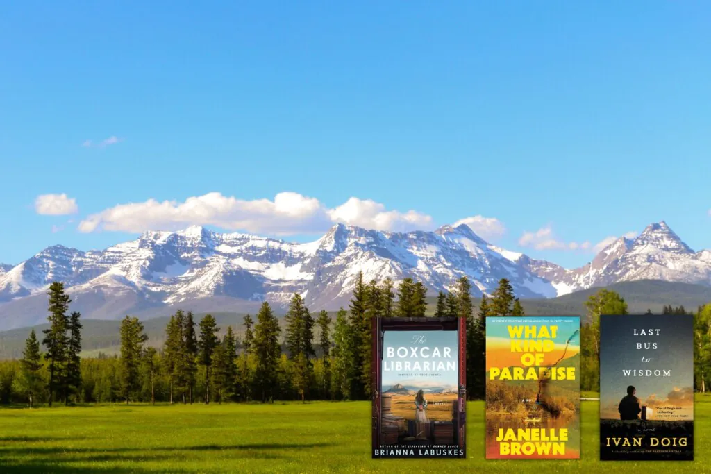 Landscape view of Montana grass and snow capped mountain with three book covers