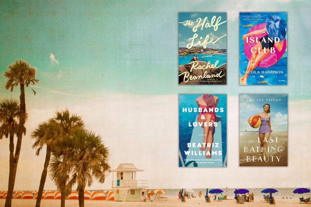 Summer beach scene with 4 book covers