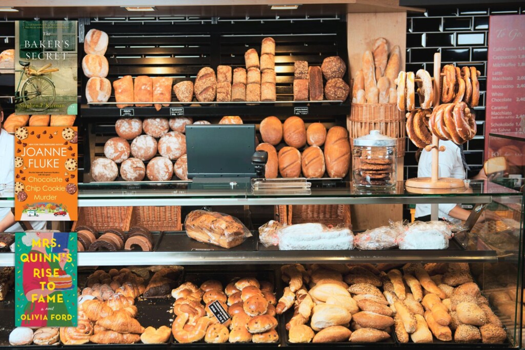 Bakery display cabinet of bread with three book cover overlaid
