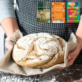 hands in apron holding freshly baked bread with three book covers overlaid