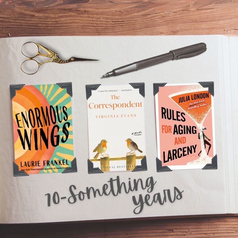 Scrapbook with 3 book covers of books with 70-something main characters