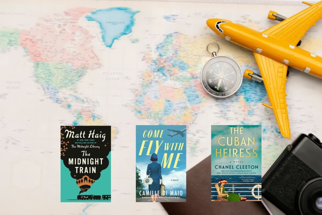 World map photo with toy airplane and three book covers on top