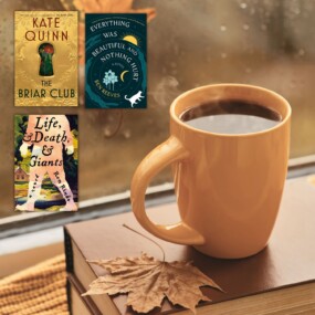 Three Books Next to steaming coffee in fall window