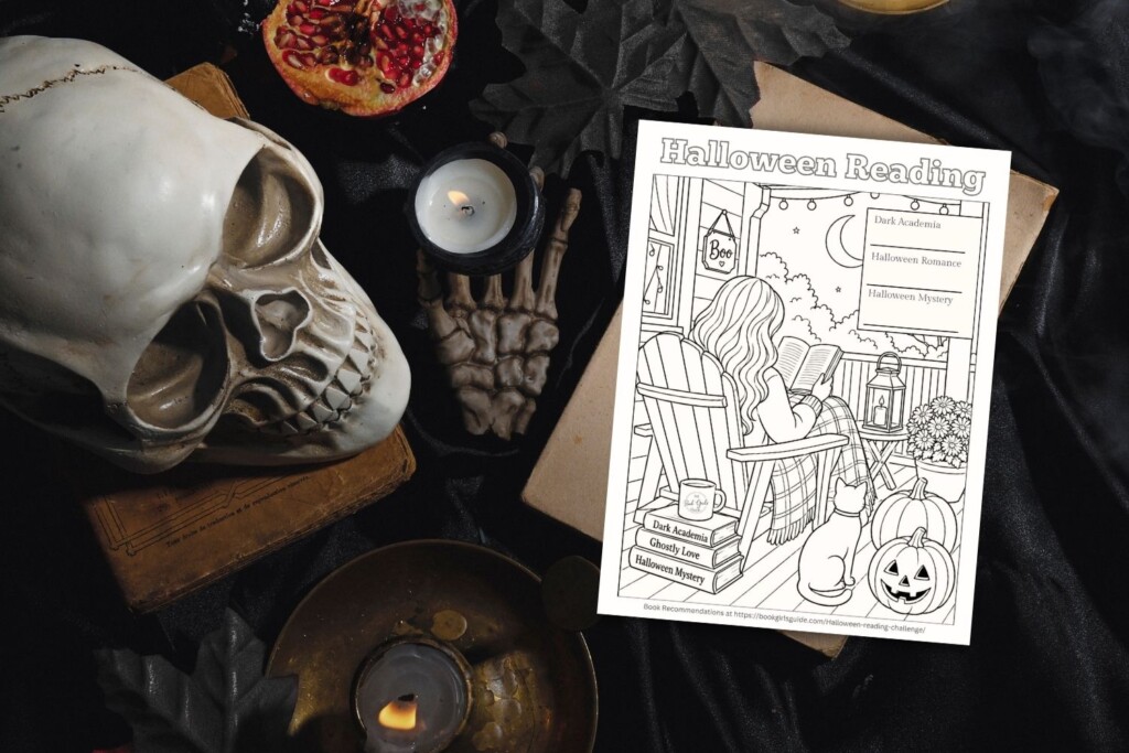 2026 Halloween Reading Challenge printable tracker with skull on dark background