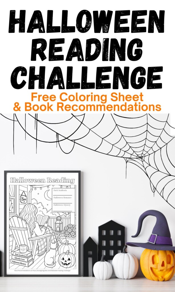 Halloween Reading Challenge promotional image with pumpkins and image of printable tracker