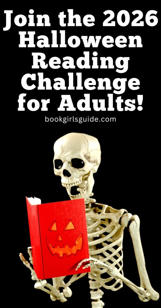 Promo image for joining the 2026 Halloween Reading Challenge with skeleton reading a book