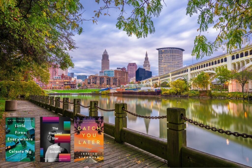 Photo of Cleveland Ohio overlaid with the covers of three books set in Ohio