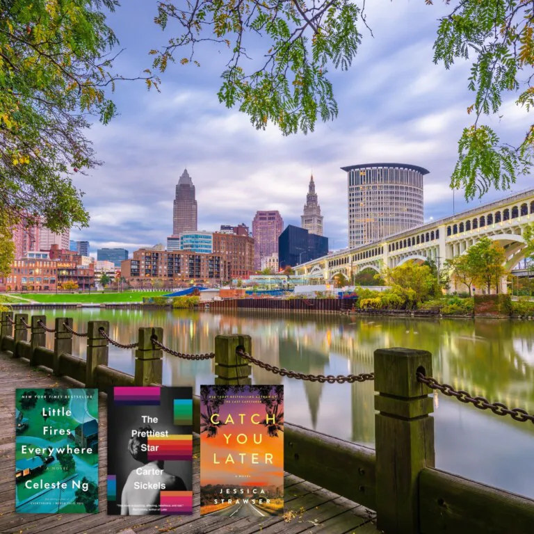Photo of Cleveland Ohio overlaid with the covers of three books set in Ohio