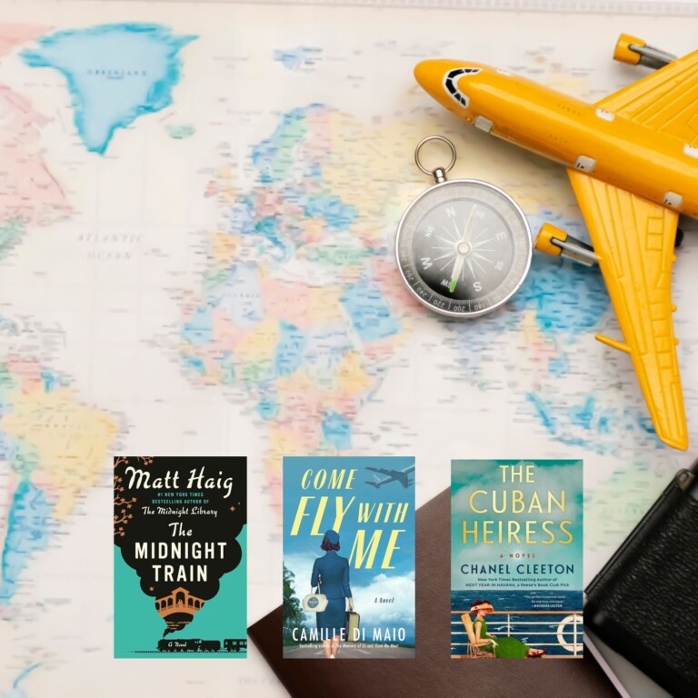 World map photo with toy airplane and three book covers on top