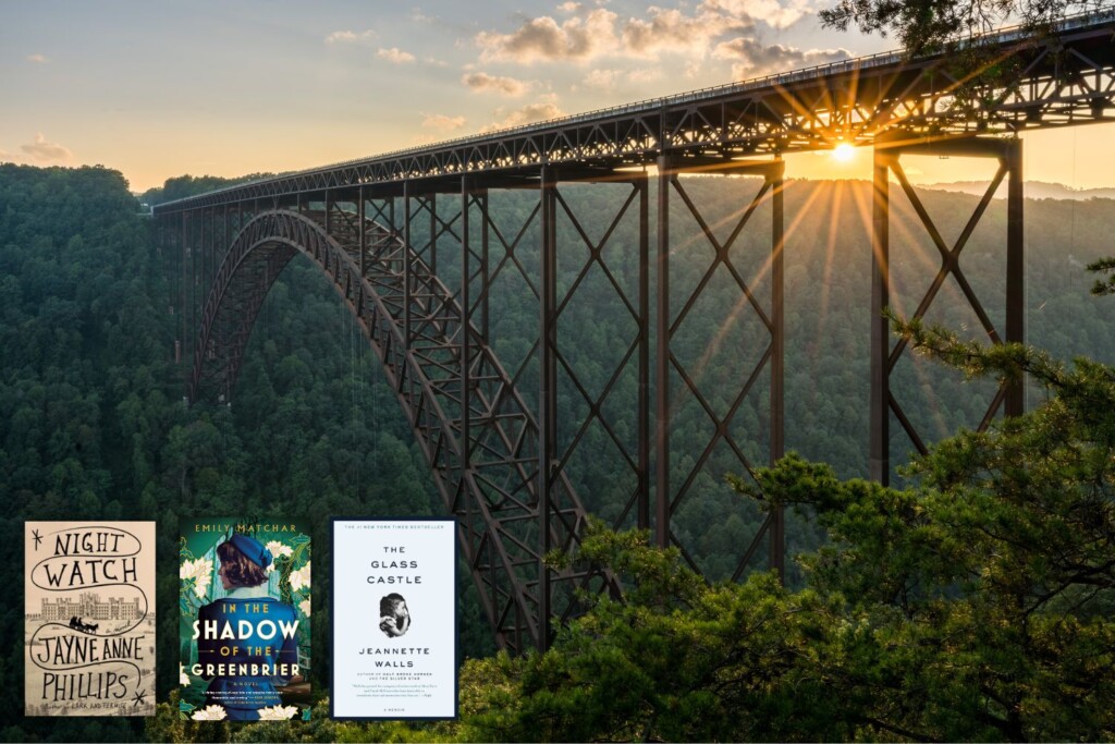 Photo of Sunset at the New River Gorge Bridge with the covers of three books set in West Virginia in the bottom left corner