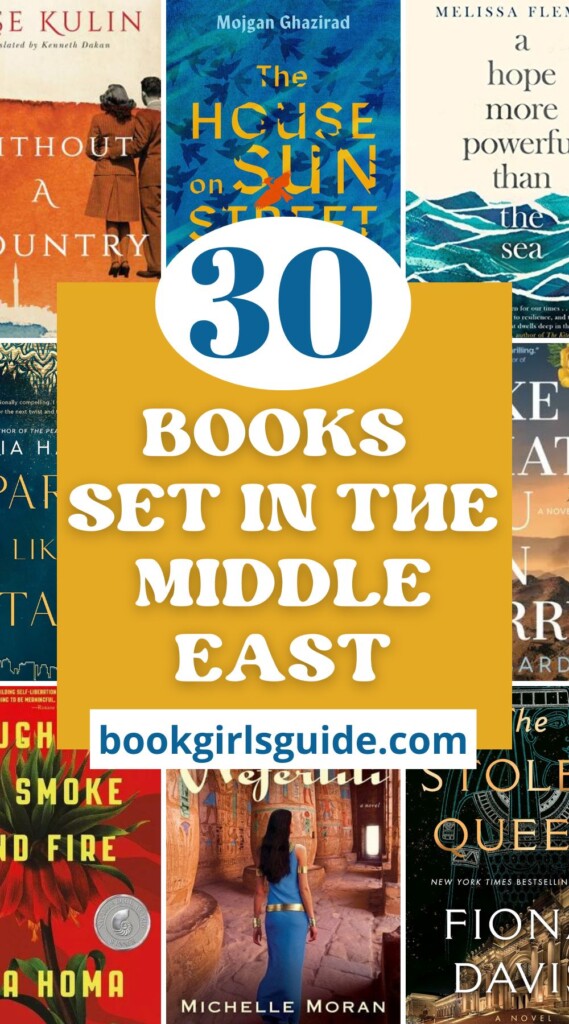 Covers of 8 books around the edges with a gold rectangle in the middle and white text that reads 30 Books Set in the Middle East