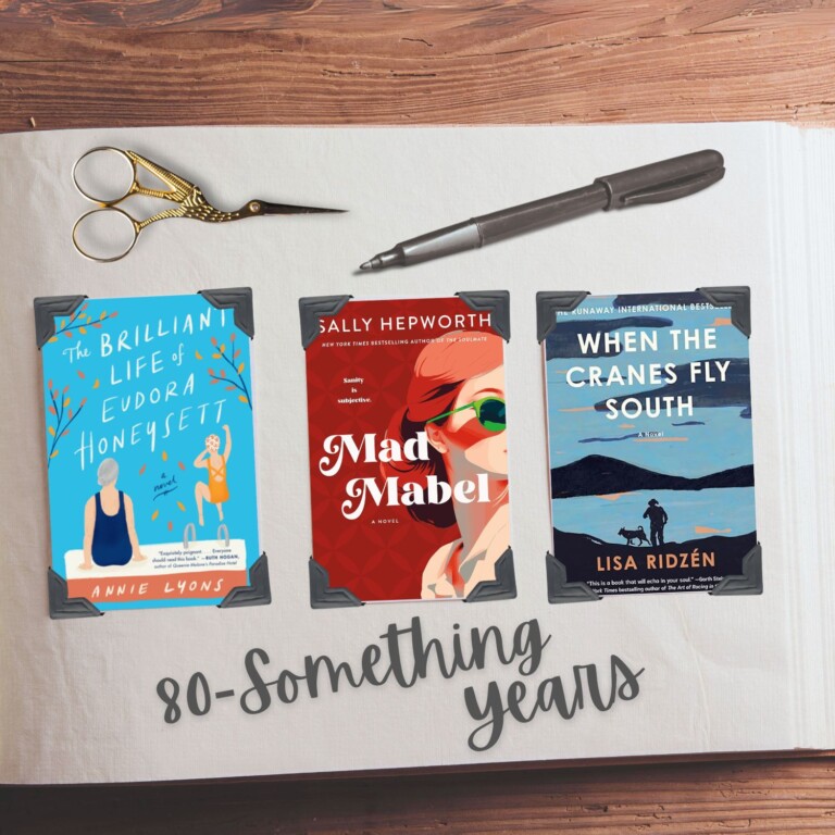 Scrapbook with 3 book covers representing characters in their 80s