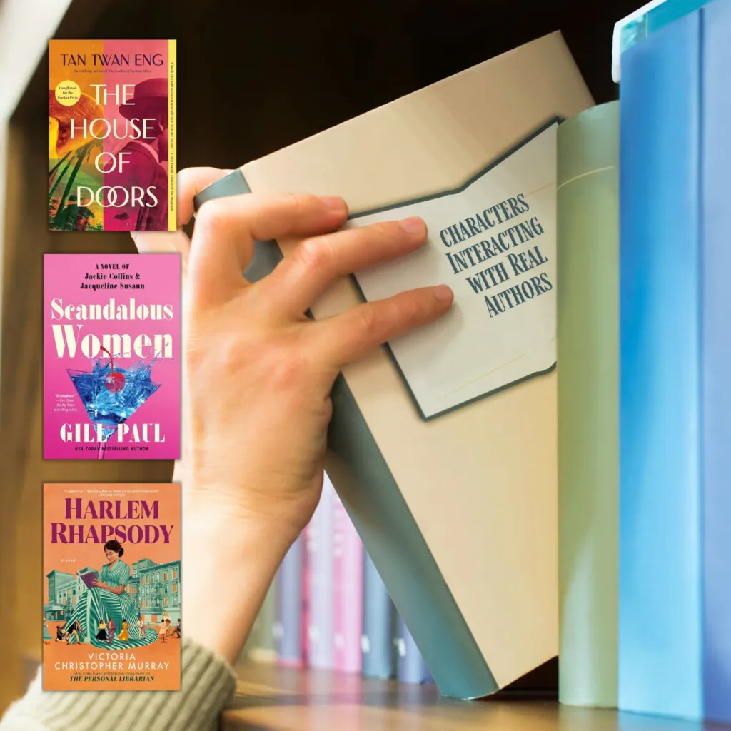 Hand pulling book from shelf with label of "Characters Interacting with Real Authors"