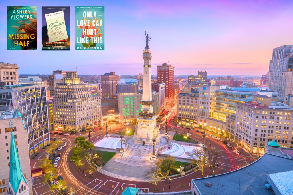 Photo of Monument Circle in Indianapolis with three covers of books set in Indiana in the top left corner