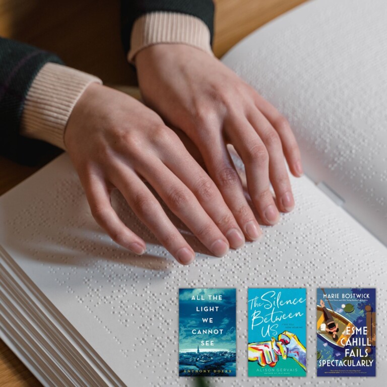 Hands reading a braille book with three books about different senses overlaid