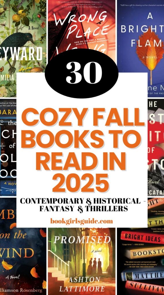 8 partial book covers around the edges with a white rectangle in the middle and orange text that reads 20 Cozy Fall Books to Read in 2025