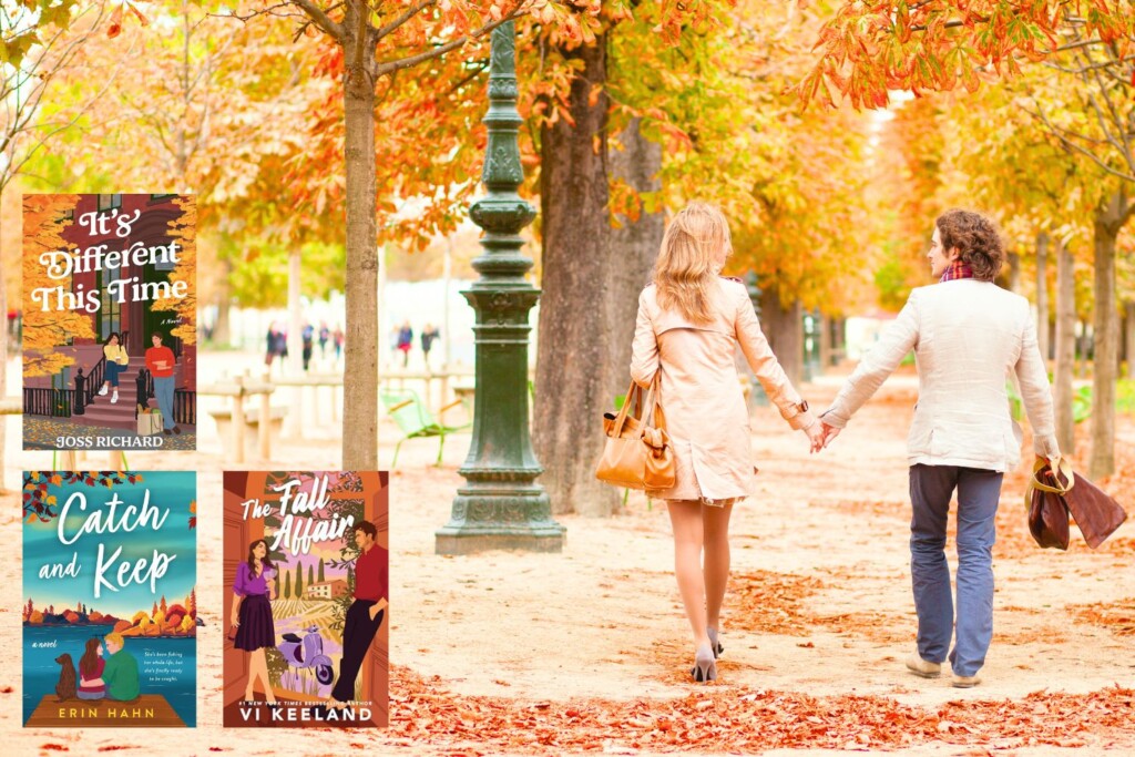 A couple holding hands while walking through a park in the fall overlaid with book covers of three fall themed romance and rom com books
