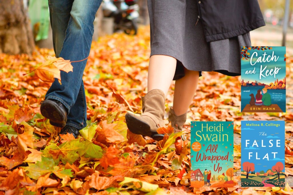 Photo of a man and woman's feet walking through fall leaves with three book covers in the bottom right corner