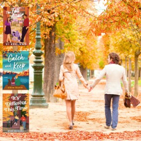 A couple holding hands while walking through a park in the fall overlaid with book covers of three fall themed romance and rom com books