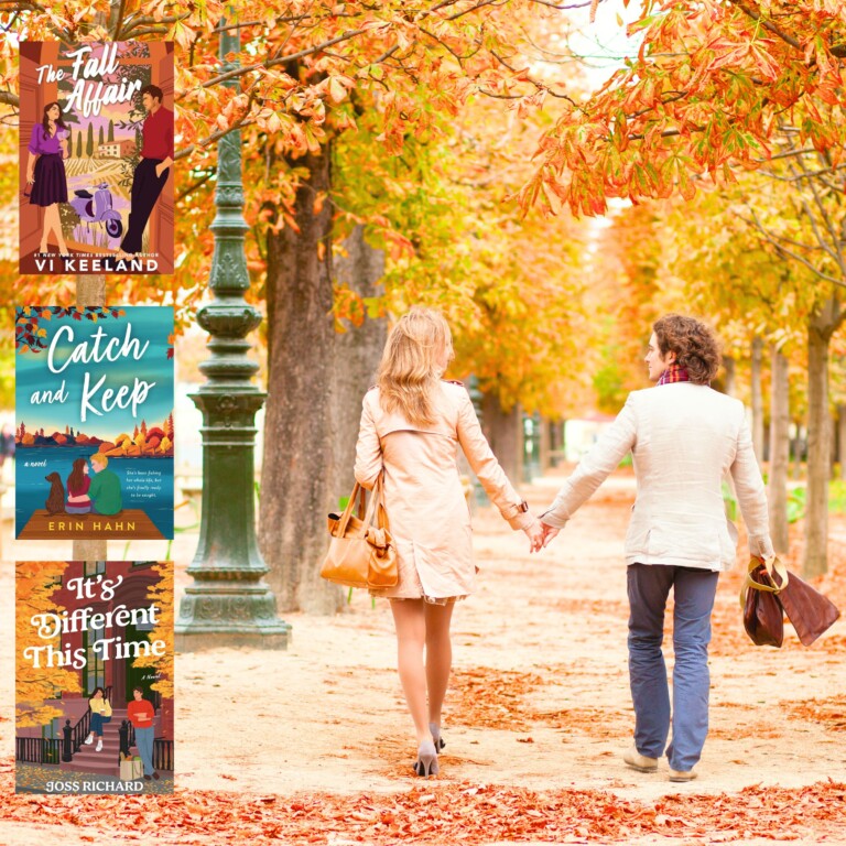 A couple holding hands while walking through a park in the fall overlaid with book covers of three fall themed romance and rom com books
