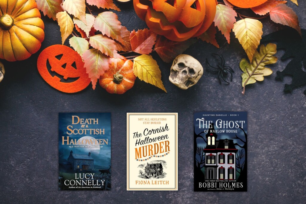 black chalkboard with orange halloween decorations and three halloween books
