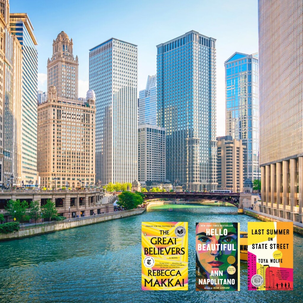Chicago river and skyline with book covers
