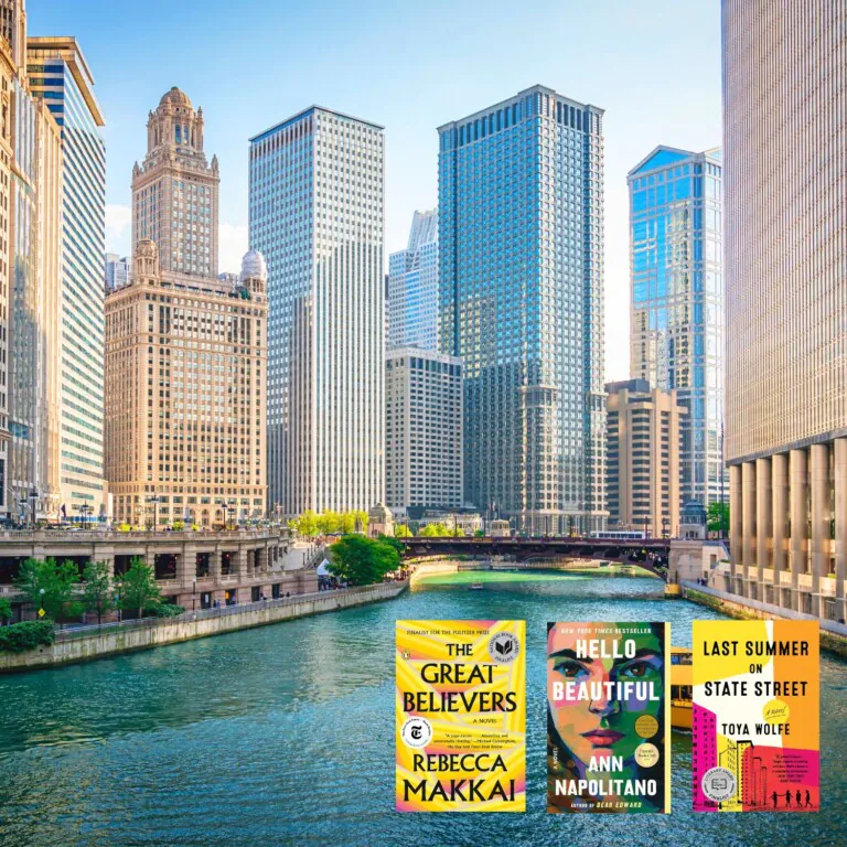 Chicago river and skyline with book covers