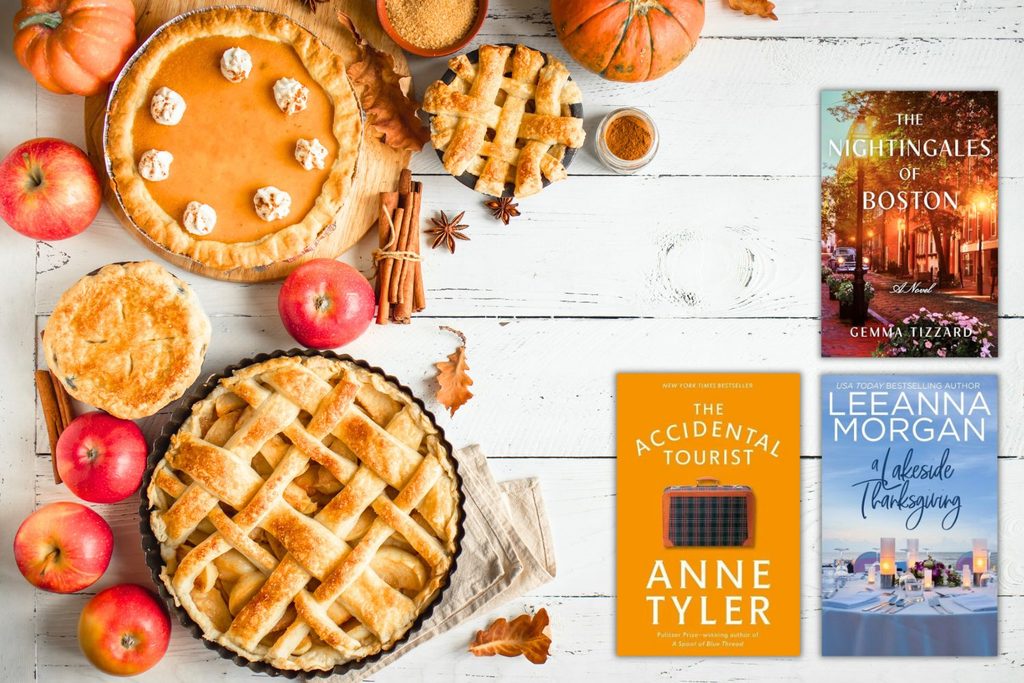 Best Thanksgiving books for adults flatlay with book covers and pies