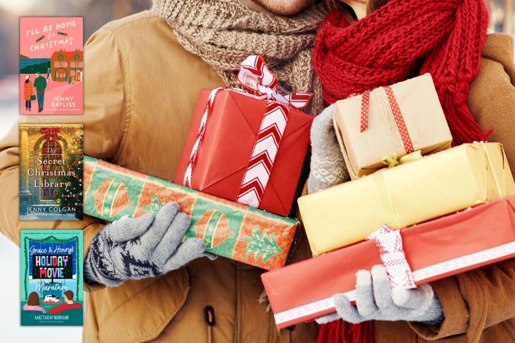 Couple holding Christmas Packages with 3 books overlaid