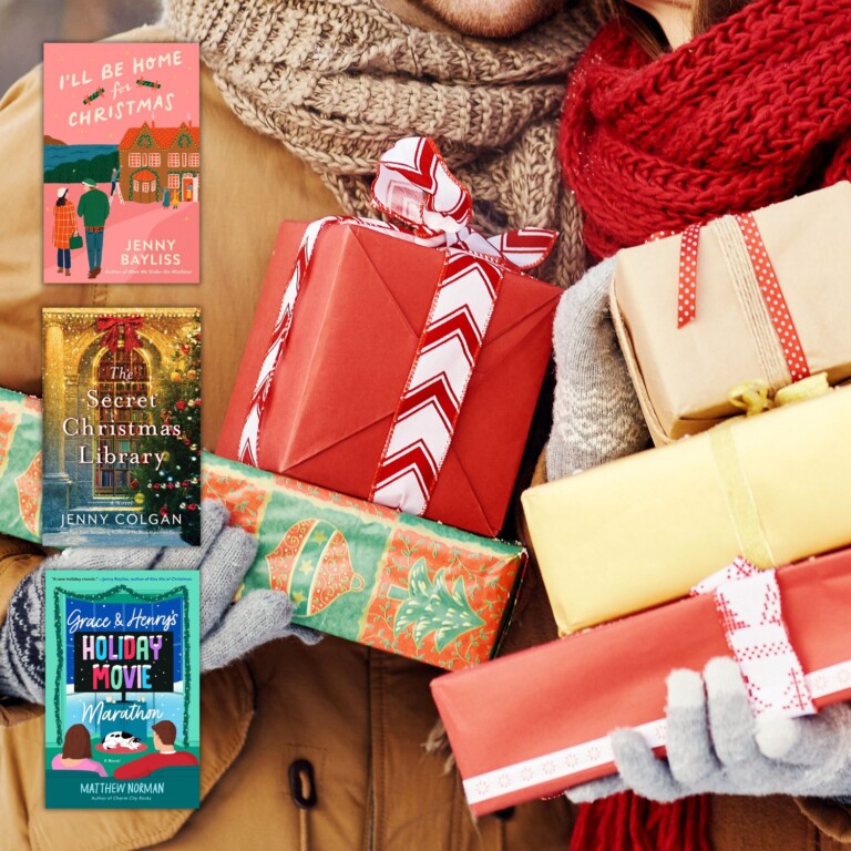 Couple holding Christmas Packages with 3 books overlaid